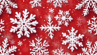The primary subject of the image is a close-up of a snowflake pattern, which is a digital artwork. The setting is a red background, and the visual style is a combination of digital art and illustration. The dominant colors are white and red, creating a warm and cozy atmosphere.